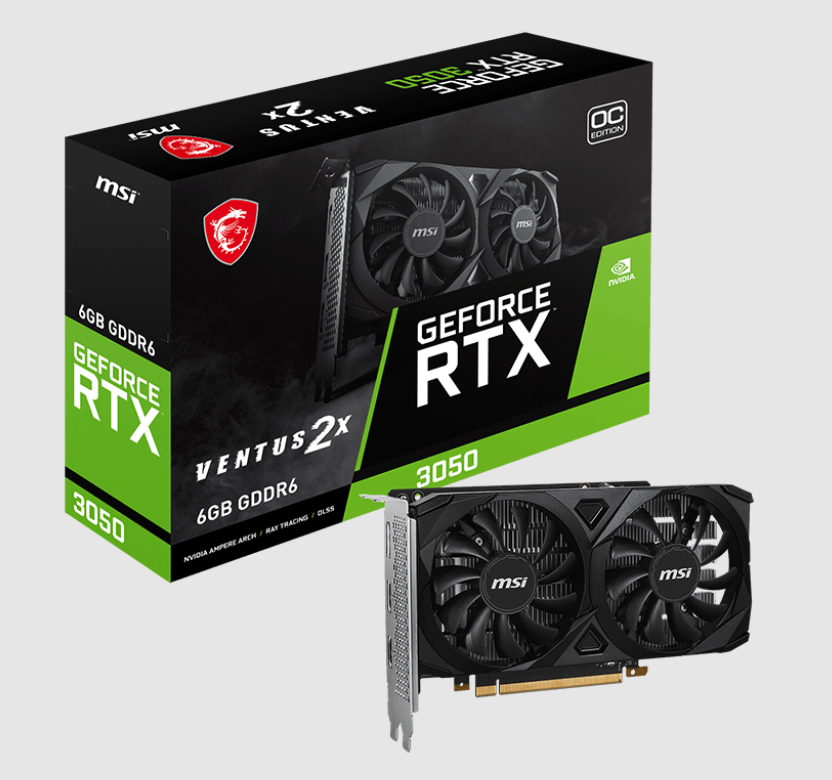  nVIDIA GeForce RTX 3050 VENTUS 2X 6G OC<br>Boost Clock: 1492 MHz, 2x HDMI/ 1x DP, Max Resolution: 7680 x 4320, Recommended: 300W  